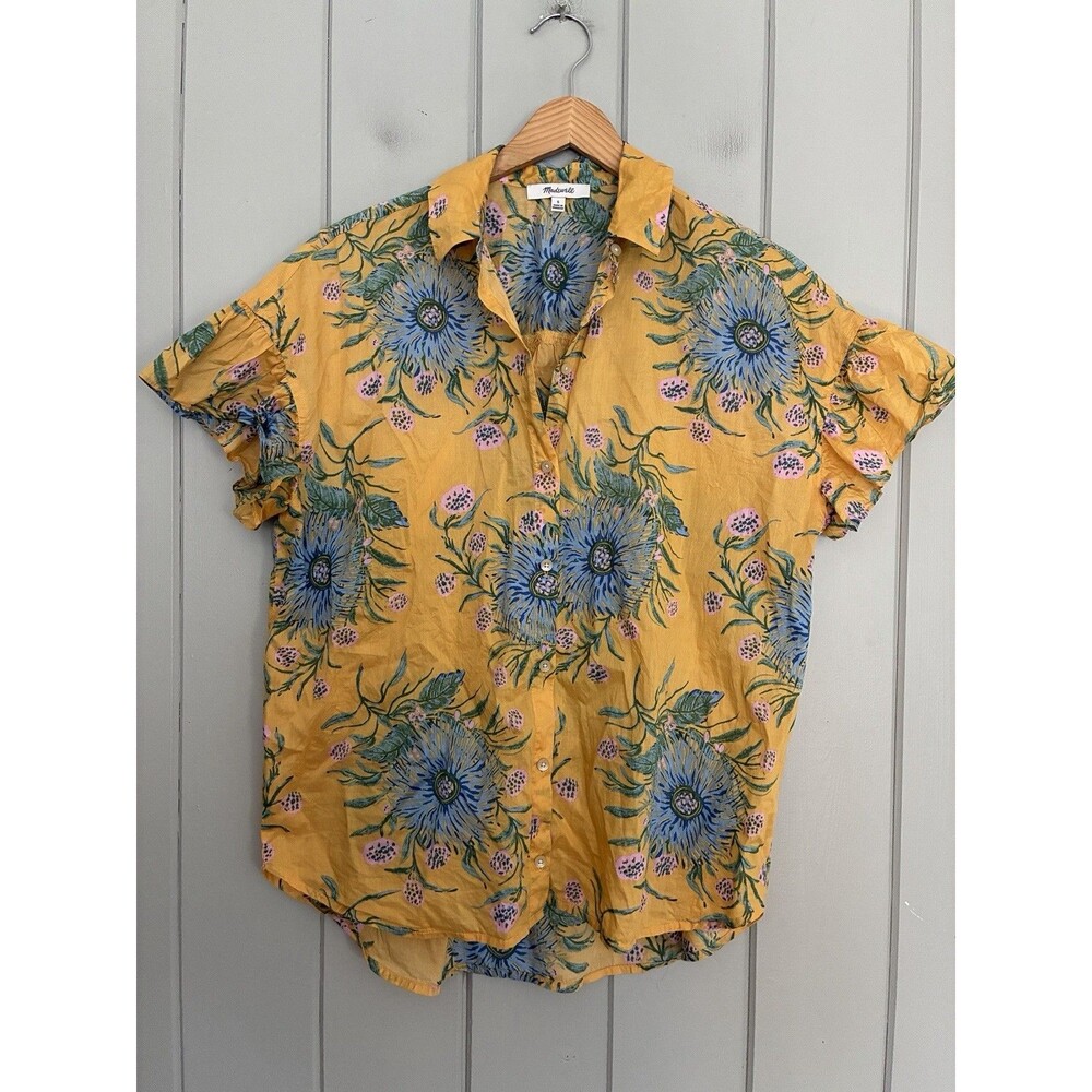 Madewell Ruffle Button Down Short Sleeve Top S Small Painted Blooms Yellow J1131